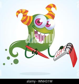 Cute cartoon green horned ghost with pen and notebook. Vector  character Stock Vector