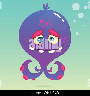 Cute cartoon octopus. Vector Halloween purple octopus with tentacles isolated on underwater background Stock Vector