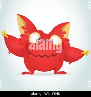 Vector cartoon red monster with big ears. Halloween fluffy red monster waving his hands. Monster game character Stock Vector