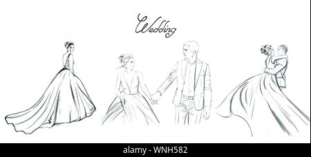 Wedding couple Vector line art set. Bride silhouette vintage style. Beautiful long dress . Template for design card Stock Vector