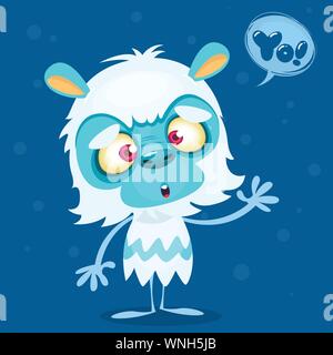 Happy cartoon bigfoot with speech bubble. Halloween vector yeti character with white fur and horns isolated on blue background Stock Vector