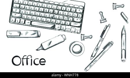 Office desk Vector banner line art. Keyboard and pens silhouettes. Graphic template poster Stock Vector