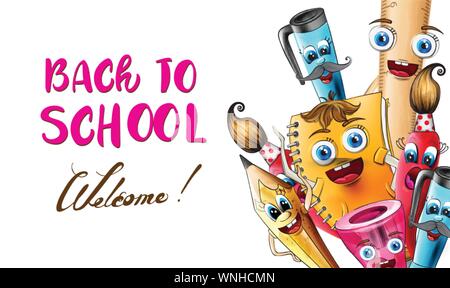 Back to school cartoon characters Vector watercolor. School supplies pen and ruler funny characters illustration watercolor style Stock Vector
