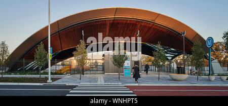 Station building elevation. North West Metro Stations, Sydney, Australia. Architect: HASSELL, 2019. Stock Photo