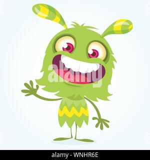 Happy cartoon green and fluffy monster. Halloween vector character Stock Vector
