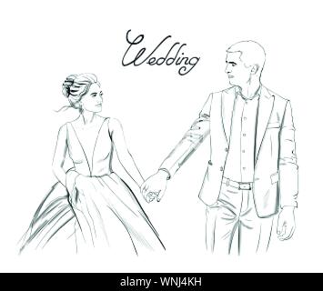 Wedding couple Vector line art. Lovely couple holding hands. Bride and groom silhouette vintage style. Beautiful long dress . Template for design card Stock Vector