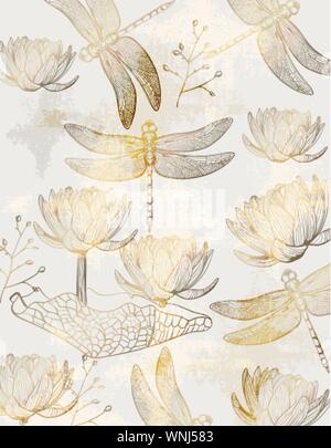 Lotus and dragonfly pattern Vector line art. Golden texture shiny decor Stock Vector
