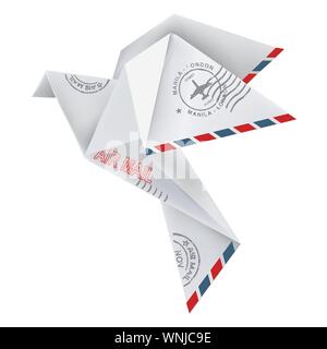 Origami pigeon with mail stamps. Vector available. Stock Vector