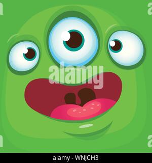 Cartoon monster face. Vector Halloween green monster avatar with three eyes smile Stock Vector