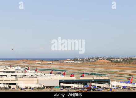 Los Angeles, California, USA - May 22, 2019: The Airfield of Los Angeles International Airport. Airplanes waiting for instructions. Stock Photo