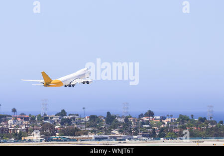 Los Angeles, California, USA - May 22, 2019: A Cargo-Boeing 747 takes off from Los Angeles International Airport. Stock Photo