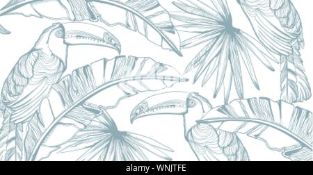 Parrot card Vector line art. Exotic palm leaves decors. Summer party background Stock Vector