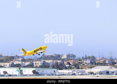 Los Angeles, California, USA - May 22, 2019: A Spirit Airlines plane takes off from Los Angeles International Airport. Stock Photo