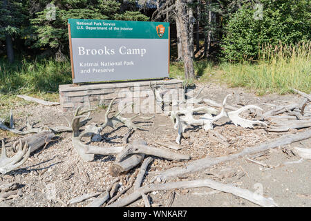 Brooks Camp welcome sign surrounded by antlers in Katmai, Alaska Stock Photo