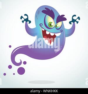 Cartoon flying monster. Vector Halloween illustration of smiling purple ghost with hands up Stock Vector