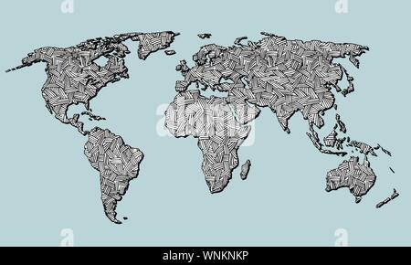 Best doodle world map for your design. Hand drawn freehand editable sketch. Planet Earth simple graphic style. Vector line illustration, EPS 10 Stock Vector