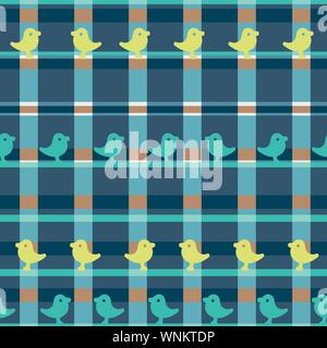 seamless vector plaid pattern with colored rectangles and bird silhouettes Stock Vector