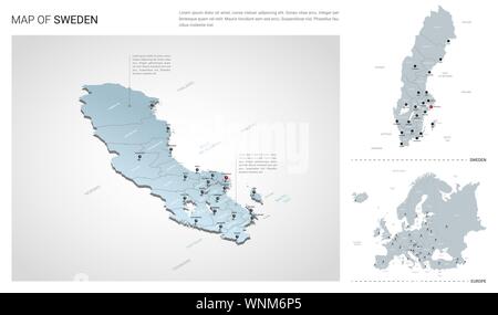 Vector set of Sweden country.  Isometric 3d map, Sweden map, Europe map - with region, state names and city names. Stock Vector