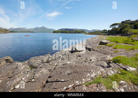 The view from Ulva looking over the sound to the Isle of Mull, Inner Hebrides, Scotland, UK Stock Photo