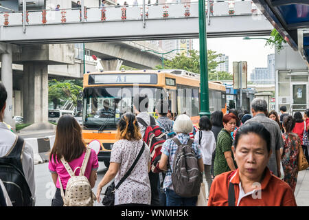 Bangkok, Thailand - December 1, 2017: View of unidentified people waiting bus at Chatuchak bus station, this is showing the overview of public road tr Stock Photo