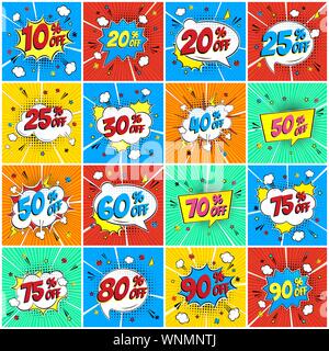 Comic lettering percents off SALE in the speech bubble comic style flat design set. Retro vintage pop art illustration isolated on rays background. Ex Stock Vector