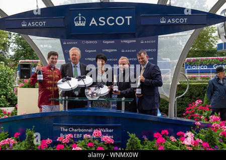 Italian Tourist Board Festival of Food and Wine, Ascot Racecourse, Ascot, Berkshire, UK. 6th September, 2019.  Jockey Oisin Murphy has a win on his birthday in the Charbonnel Et Walker British EBF Maiden Stakes on horse Enemy. Credit: Maureen McLean/Alamy Live News Stock Photo