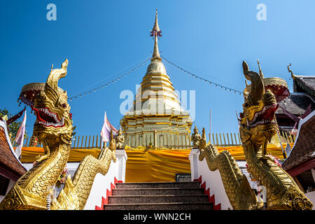 Chiangmai, Thailand - February 24, 2019: View of the golden pagoda at Wat Phra That Doi Kham temple in Chiangmai, Thailand. Stock Photo