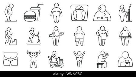 Overweight people icons set. Outline set of overweight people vector icons for web design isolated on white background Stock Vector
