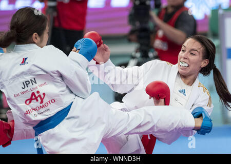 Tokyo, Japan. 6th Sep, 2019. Sara Cardin of Italy (red) fights against Shiori Nakamura of Japan (blue) during the Repechage of Female Kumite's -55kg category at Karate1 Premier League Tokyo 2019. The Karate1 Premier League is held from September 6 to 8 at the Nippon Budokan. The KarateÂ will make its debut appearanceÂ at the Tokyo 2020 Summer Olympic Games. Shiori Nakamura won the bout. Credit: Rodrigo Reyes Marin/ZUMA Wire/Alamy Live News Stock Photo