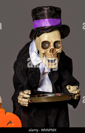 Halloween, doll Death in a black tailcoat and baggy hat with a metal tray in her hands came to collect tribute, isolated on a gray background. Stock Photo