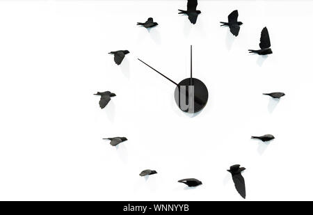 Quartz clock with black birds on a white wall. Stock Photo