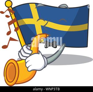 With trumpet flag sweden with the mascot shape Stock Vector