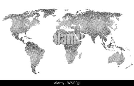 Best doodle world map for your design. Hand drawn freehand editable sketch. Planet Earth simple graphic style. Vector line illustration, EPS 10 Stock Vector