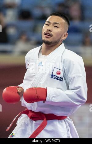 Tokyo, Japan. 6th Sep, 2019. Soichiro Nakano of Japan (red) fights against Didar Amirali of Kazakhstan (blue) during the elimination round of Male Kumite's -67kg category at Karate1 Premier League Tokyo 2019. The Karate1 Premier League is held from September 6 to 8 at the Nippon Budokan. The KarateÂ will make its debut appearanceÂ at the Tokyo 2020 Summer Olympic Games. Soichiro Nakano won the bout. Credit: Rodrigo Reyes Marin/ZUMA Wire/Alamy Live News Stock Photo