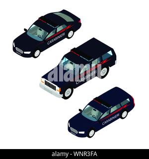 Carabinieri police car with lights icon set isolated on white background isometric view. Police car Stock Vector