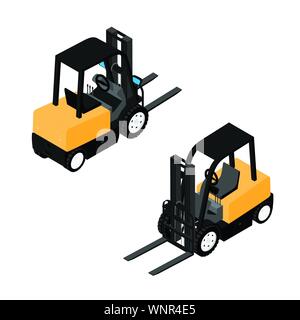 Forklifts, reliable heavy loader, truck. Heavy duty equipment isolated on white background isometric view Stock Vector