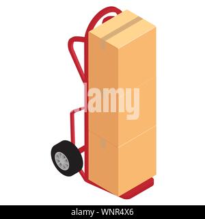 Hand truck with brown cardboard boxes isolated on white background isometric view. Package delivery Stock Vector