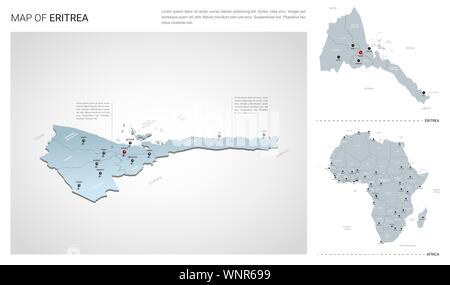 Vector set of Eritrea country.  Isometric 3d map, Eritrea map, Africa map - with region, state names and city names. Stock Vector