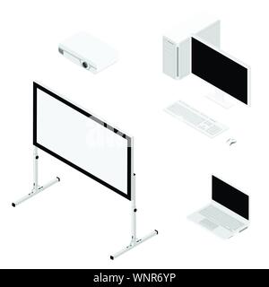 Laptop computer, projector and screen isometric view. Realistic video projector, white empty screen, personal and laptop computer Stock Vector