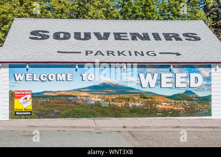 A large building in Weed California with a painted mural of the local landscape that serves as a welcoming sign for the town. Stock Photo