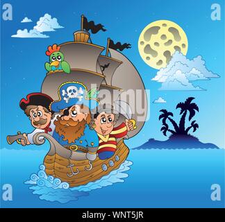 Three pirates and island silhouette Stock Vector