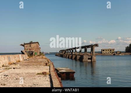 Hara, Estonia - June 9, 2019: Abandoned Soviet submarine repair base at Hara Harbour, North Coast of Estonia, the Baltic Sea at summer Stock Photo