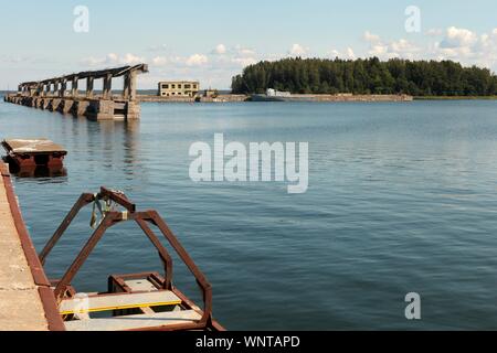 Hara, Estonia - June 9, 2019: Abandoned Soviet submarine repair base at Hara Harbour, North Coast of Estonia, the Baltic Sea at summer Stock Photo