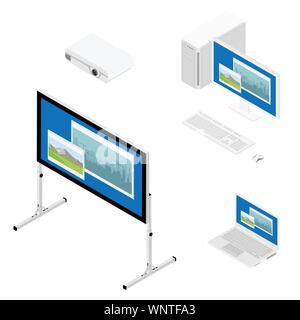 Laptop computer, projector and screen isometric view. Realistic video projector,  screen, personal and laptop computer Stock Vector