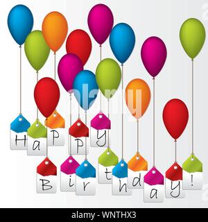 Happy birthday labels hanging on color balloons Stock Vector