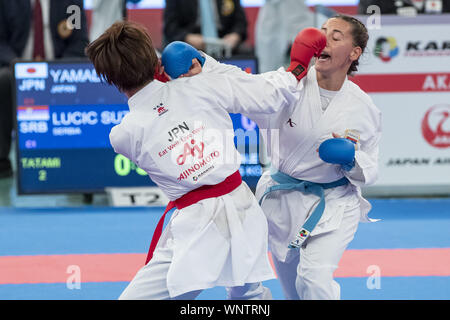 Tokyo, Japan. 6th Sep, 2019. Suzana Lucic of Serbia (blue) fights against Sara Yamada of Japan (red) during the elimination round of Female Kumite's -55kg category at Karate1 Premier League Tokyo 2019. The Karate1 Premier League is held from September 6 to 8 at the Nippon Budokan. The KarateÂ will make its debut appearanceÂ at the Tokyo 2020 Summer Olympic Games. Sara Yamada won the bout. Credit: Rodrigo Reyes Marin/ZUMA Wire/Alamy Live News Stock Photo