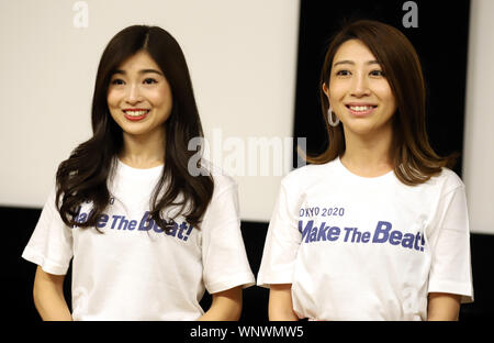 Tokyo, Japan. 6th Sep, 2019. Japanese violinist Mayu Kishima (R) and model Honoka Tsuchiya (L) attend a launching event of 'Make The Beat!' project to cheer and encourage athletes, organized by Tokyo 2020 organizing committee in Tokyo on Friday, September 6, 2019. Credit: Yoshio Tsunoda/AFLO/Alamy Live News Stock Photo