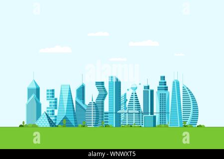 Detailed future eco city with different architecture buildings skyscrapers apartments and green trees. Futuristic multi-storey graphic cityscape town. Vector real estate construction eps illustration Stock Vector