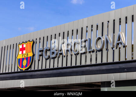 Barcelona, Spain - February 18, 2019 - FC Barcelona logo on exterior of Camp Nou stadium Stock Photo