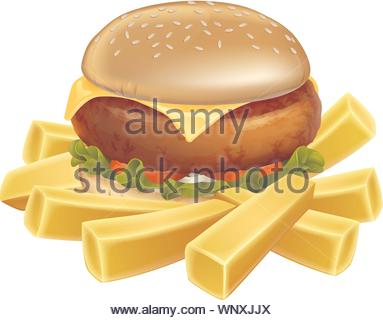 Vector Illustration of Cartoon Burgers, Chips and a Can isolated on a ...